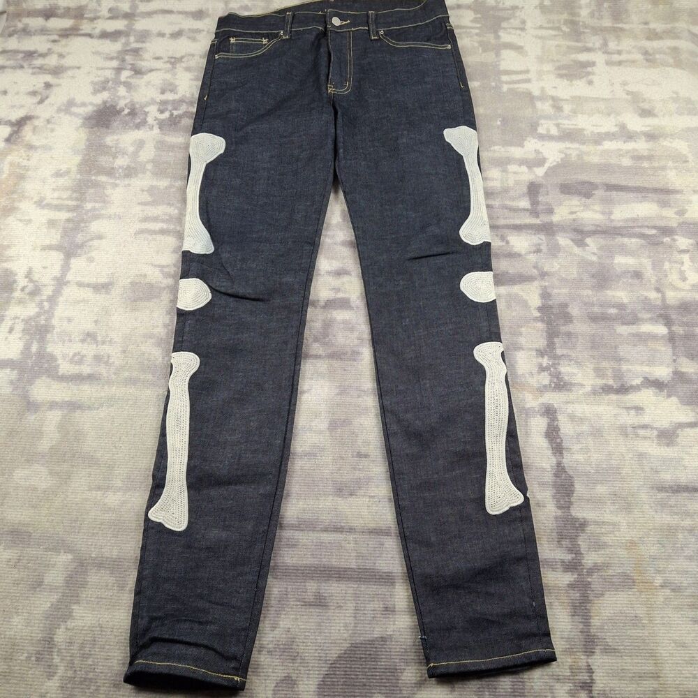 MNML Skeleton Bone Jeans Dark Wash Indigo Blue Stretch Skinny Streetwear Y2K